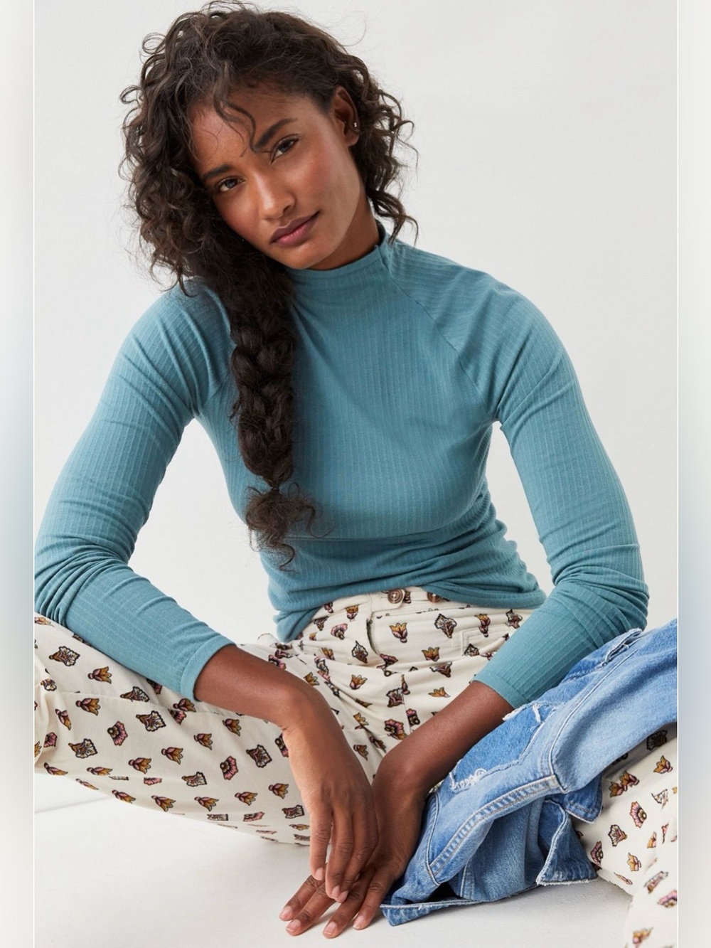 Anthropologie Indra Seamless Mock Neck Top Slate Teal Blue Small